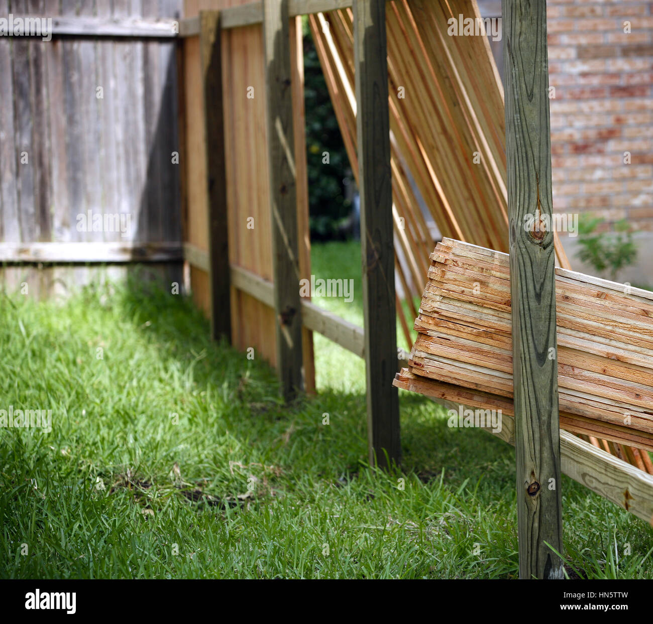 Backyard with lumber for new privacy fence, old fence and partially