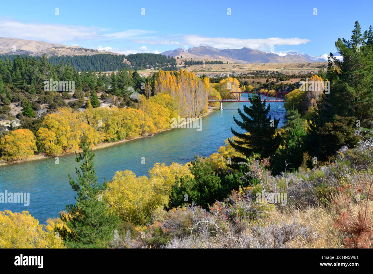 An aerial view of the Clutha River and Bridge in Autumn. One of New Zealand's longest and most beautiful rivers and popular for trout fishing. Stock Photo