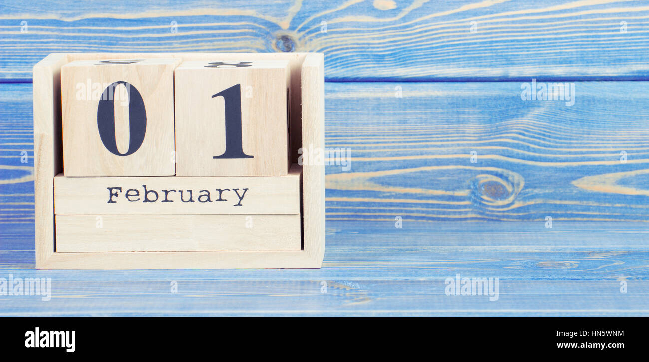 Vintage photo, February 1st. Date of 1 February on wooden cube calendar ...
