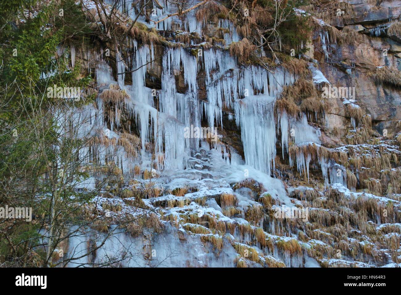 Frozen waterfalls on the waterfall trail of Bad Gastein, Austria, Europe. Stock Photo