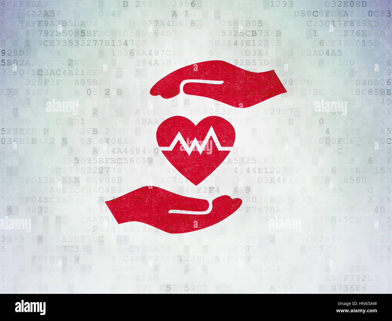 Insurance concept: Painted red Heart And Palm icon on Digital Data ...