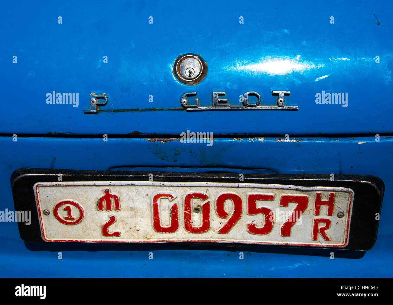 Old Peugeot 404 taxi plate, Harari Region, Harar, Ethiopia Stock Photo