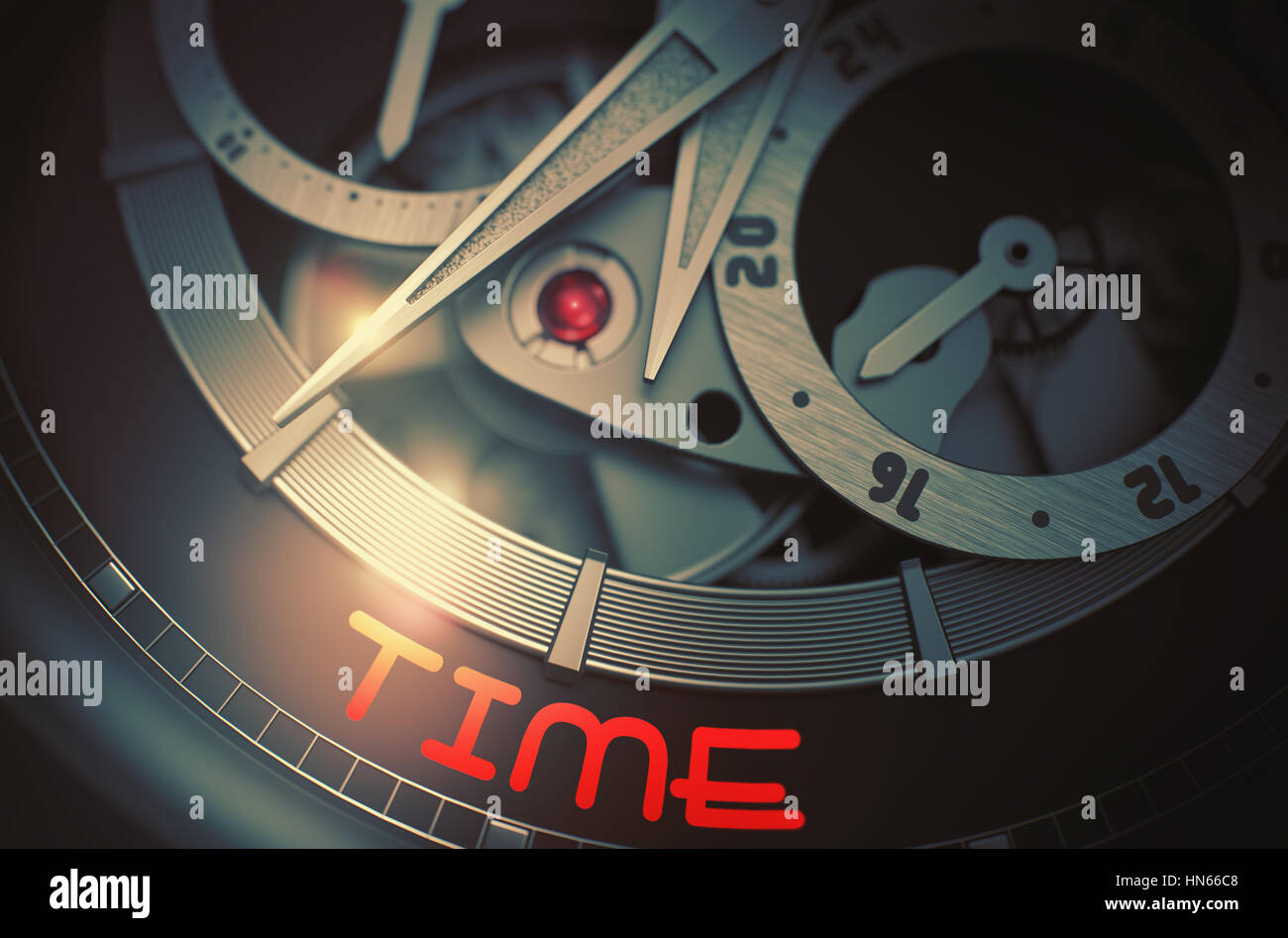 Time on Elegant Wristwatch Mechanism. 3D. Stock Photo
