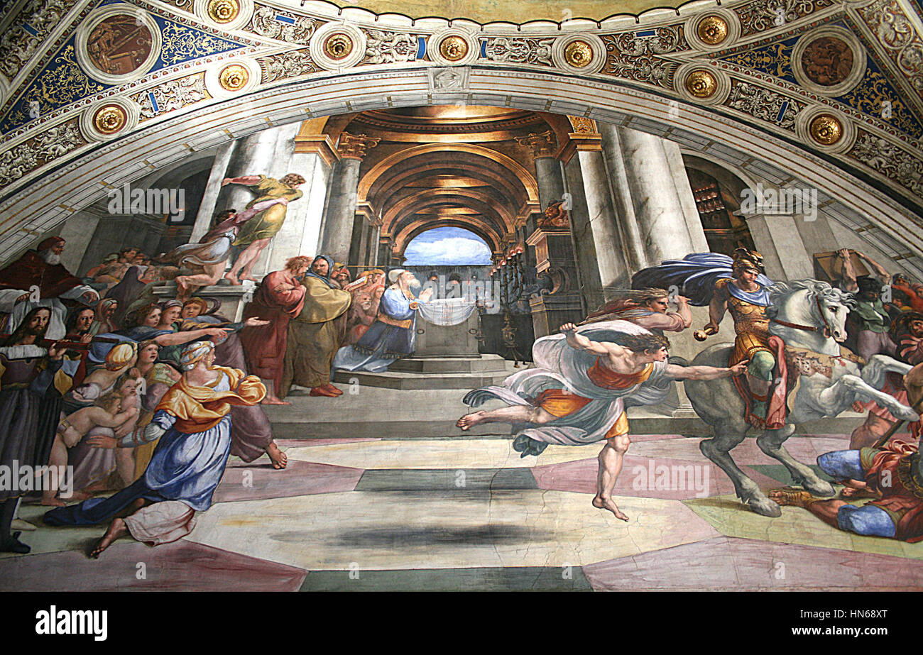 The 'Chambre de Raphaël' refers to the rooms in the Vatican decorated by the artist Raphael. These rooms, known for their Renaissance frescoes, include some of the most iconic artworks of the period. The room’s architecture and frescoes by Raphael showcase humanism and classical themes, influencing Western art for centuries. Stock Photo