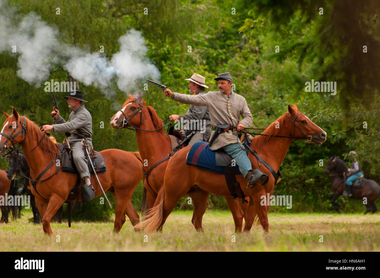 Confederate cavalry during battle re-enactment, Civil War Reenactment, Willamette Mission State Park, Oregon Stock Photo