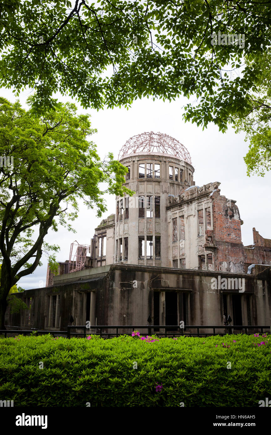 Hiroshima, Japan - May 2, 2012: The A-Bomb Dome was one of the only buildings left standing at the epicentre of the atomic bomb attack on Hiroshima on Stock Photo