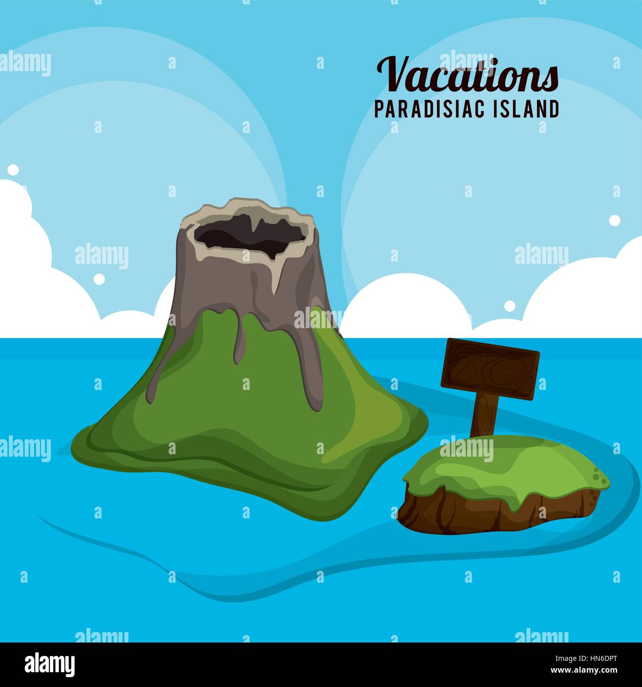 volcano wooden board vacations paradisiac island Stock Vector