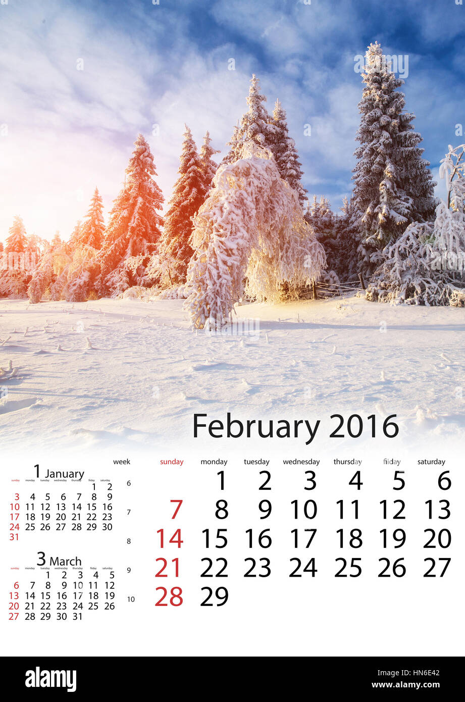 Calendar February 2016 - winter landscape trees. Stock Photo