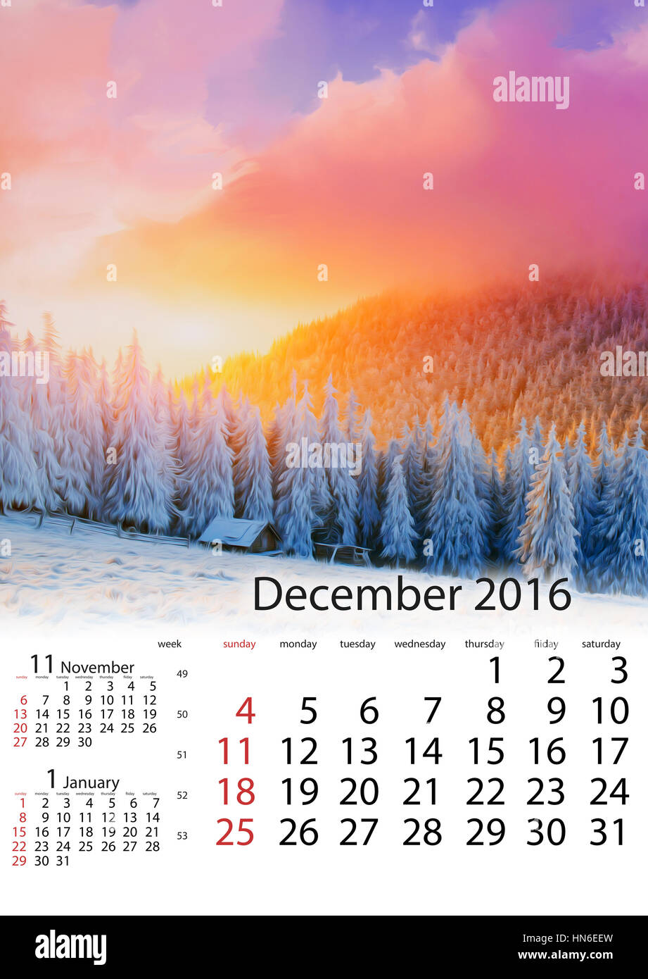 Calendar December 2016 - winter landscape trees in frost Stock Photo