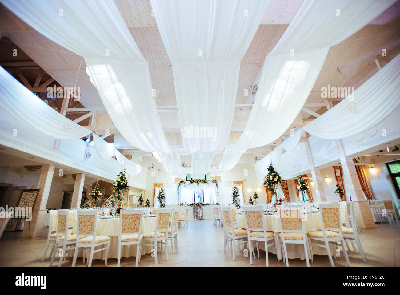 Interior Of A Wedding Tent Decoration Ready For Guests Stock Photo
