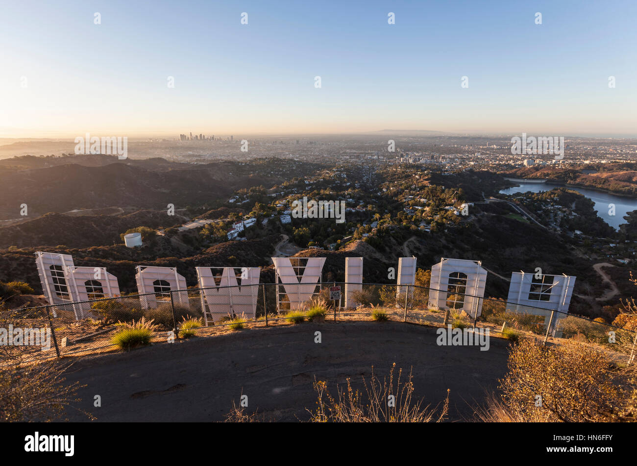 Editorial photo of the back of the Hollywood sign in early morning light. Stock Photo