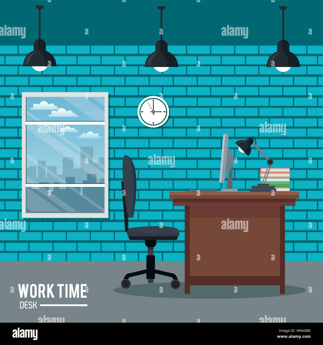 work time desk clock chair laptop window brick wall Stock Vector Image & Art Alamy