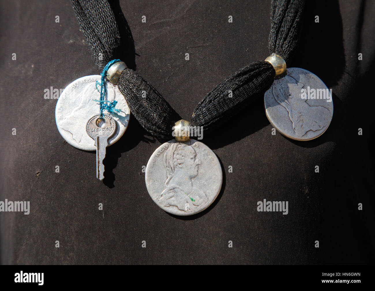 Artuma tribe silver Maria Teresa Thaler pendant, Amhara region, Kemise, Ethiopia Stock Photo