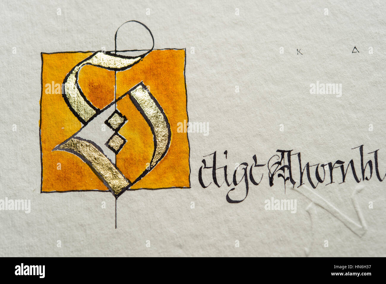 Calligraphy studio, letter S coated with gold and writing on torchon paper, Seebruck, Upper Bavaria, Germany Stock Photo