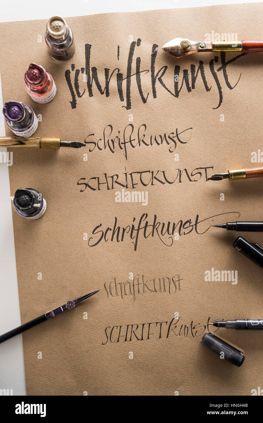 Calligraphy studio, brown Ingres paper, pen and nibs with respective