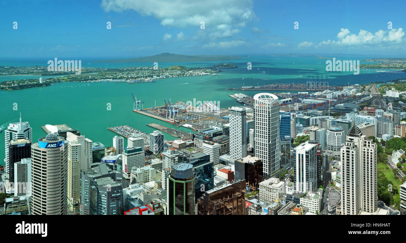 Auckland, New Zealand - December 02, 2011: Auckland city & harbour landscape aerial panorama looking east to Rangitoto Island. Stock Photo