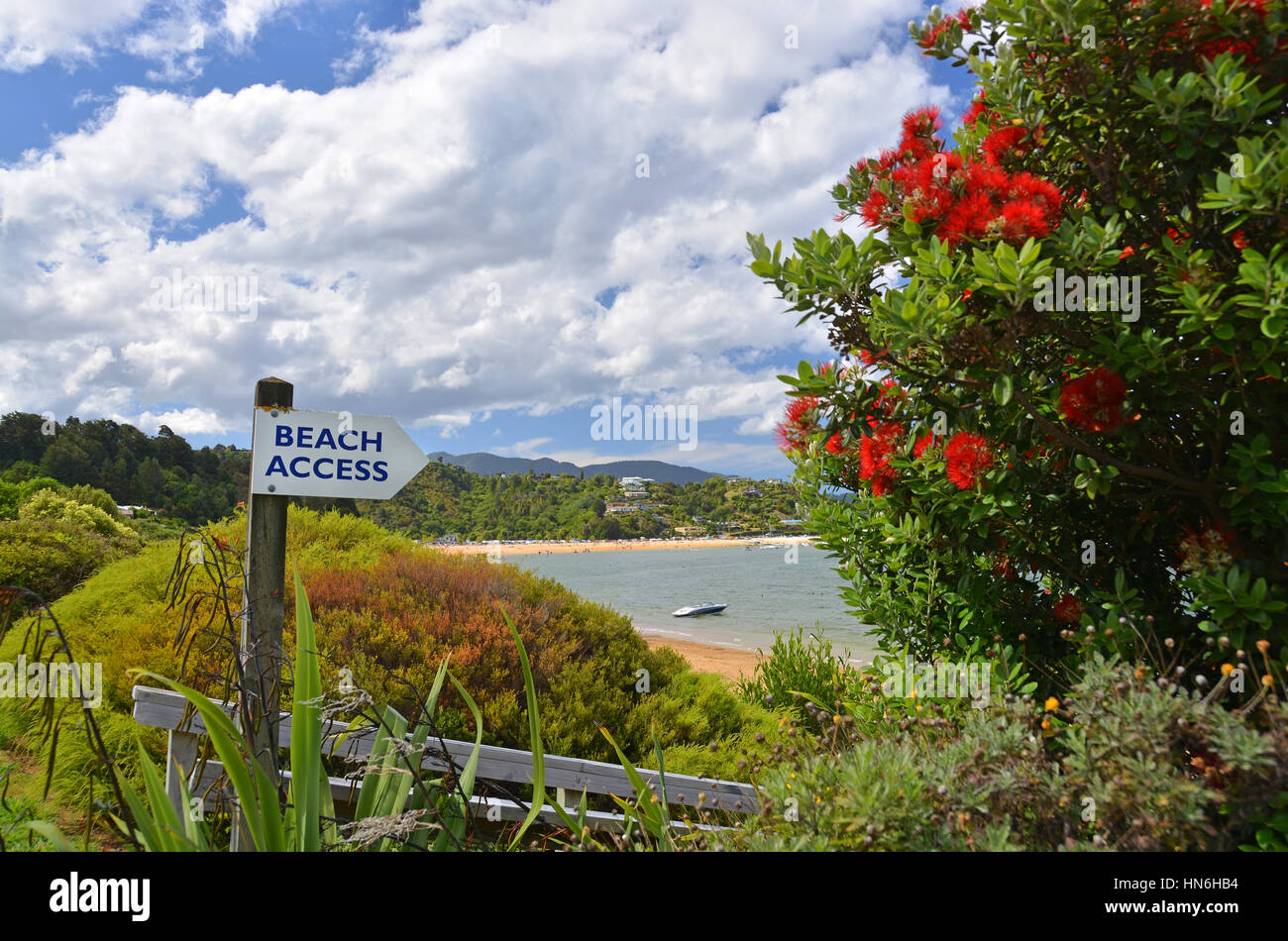 This way to Paradise. Beach Access Sign at Kaiteriteri Beach, New Zealand. Stock Photo