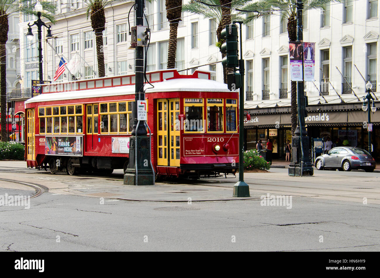 New Orleans, USA - July 8, 2015: A Canal Street line streetcar rides in the downtown of New Orleans, Louisiana. Stock Photo