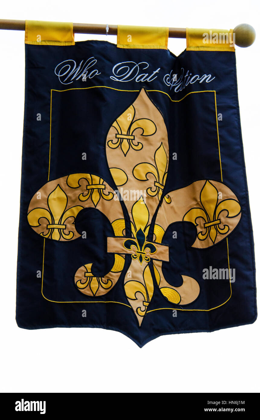 A flag with a fleur-de-lis, symbol of New Orleans, and Who Dat Nation text. Stock Photo