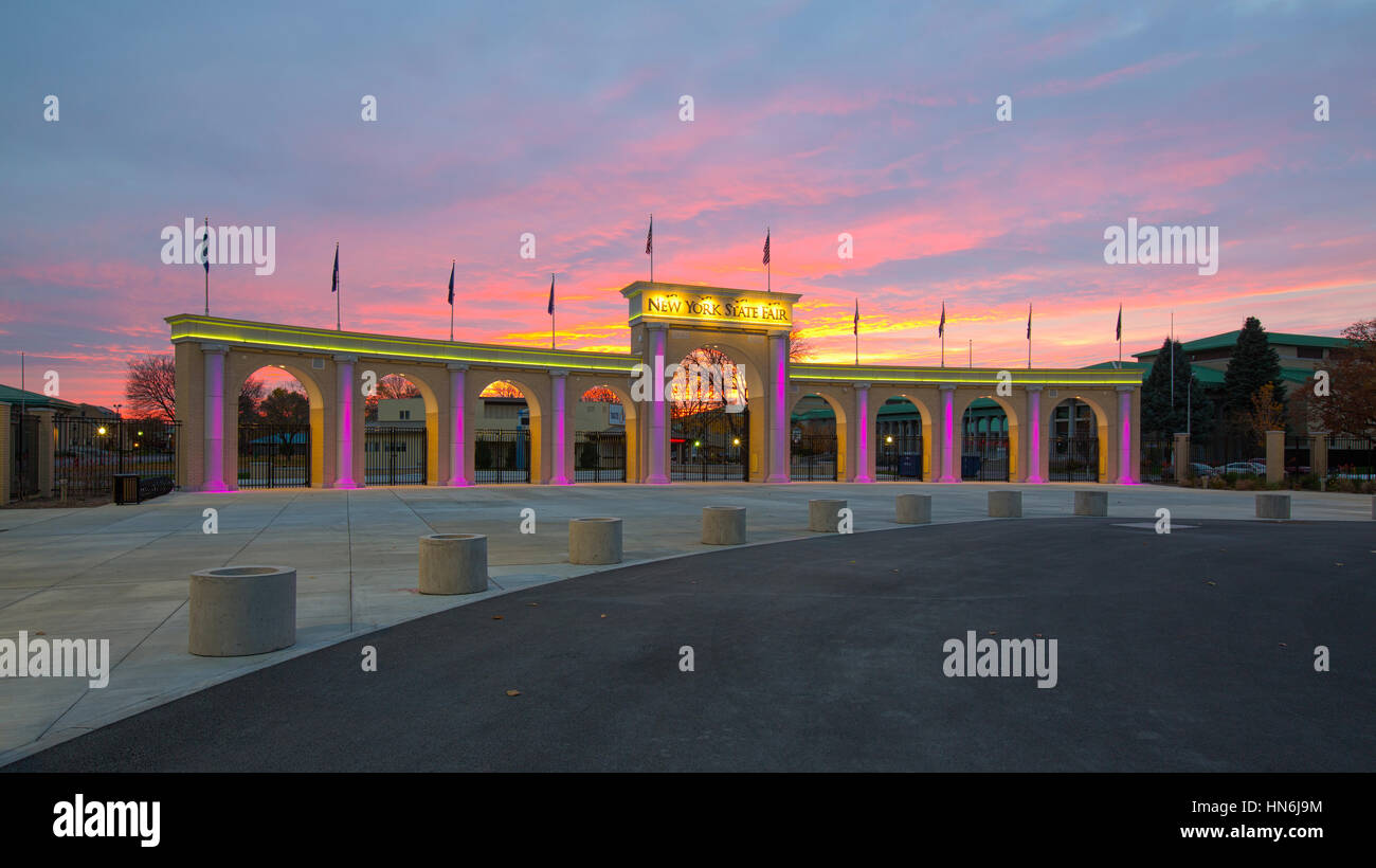New York State Fairgrounds entrance at sunset, which hosts hundreds of