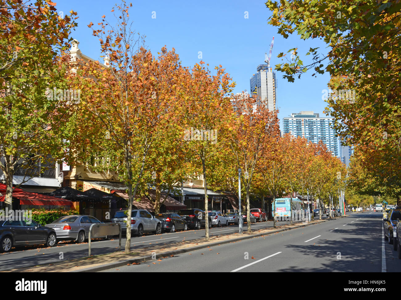 Melbourne, Australia - May 14, 2014: Lygon Street in Autumn - home to many of Melbourne's famous restaurants, cafes and bars. Stock Photo