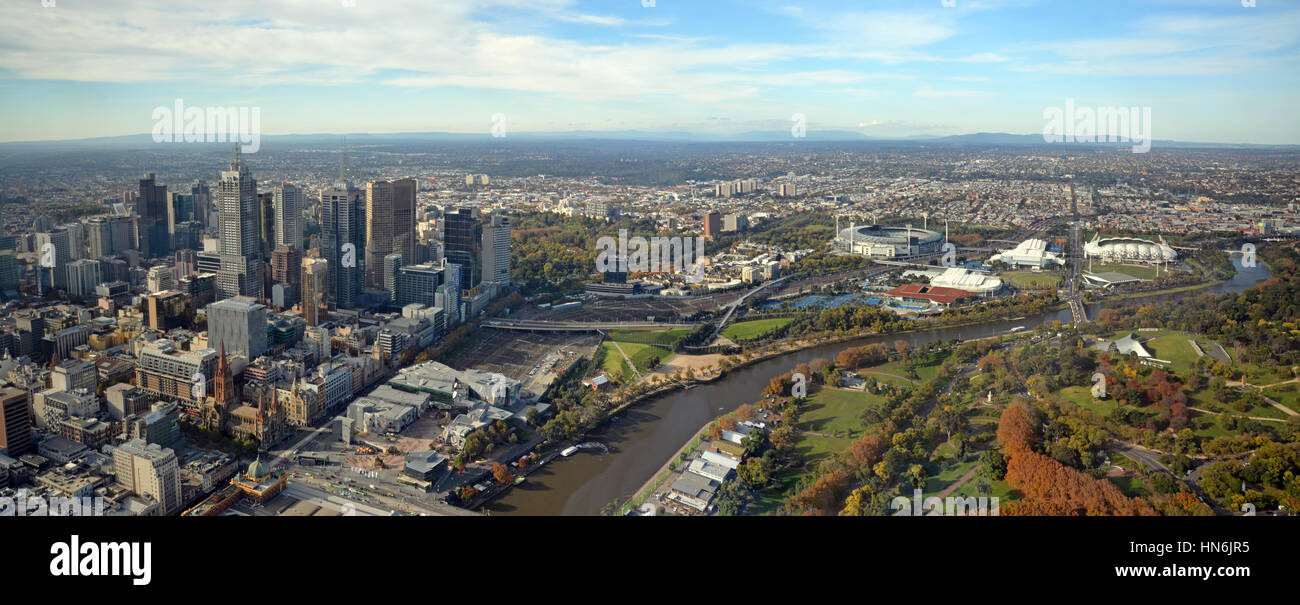 Melbourne, Australia - May 14, 2014: Aerial panoramic View of Melbourne City, Yarra River & Sports Stadiums including the Rod Laver Arena home of the Stock Photo