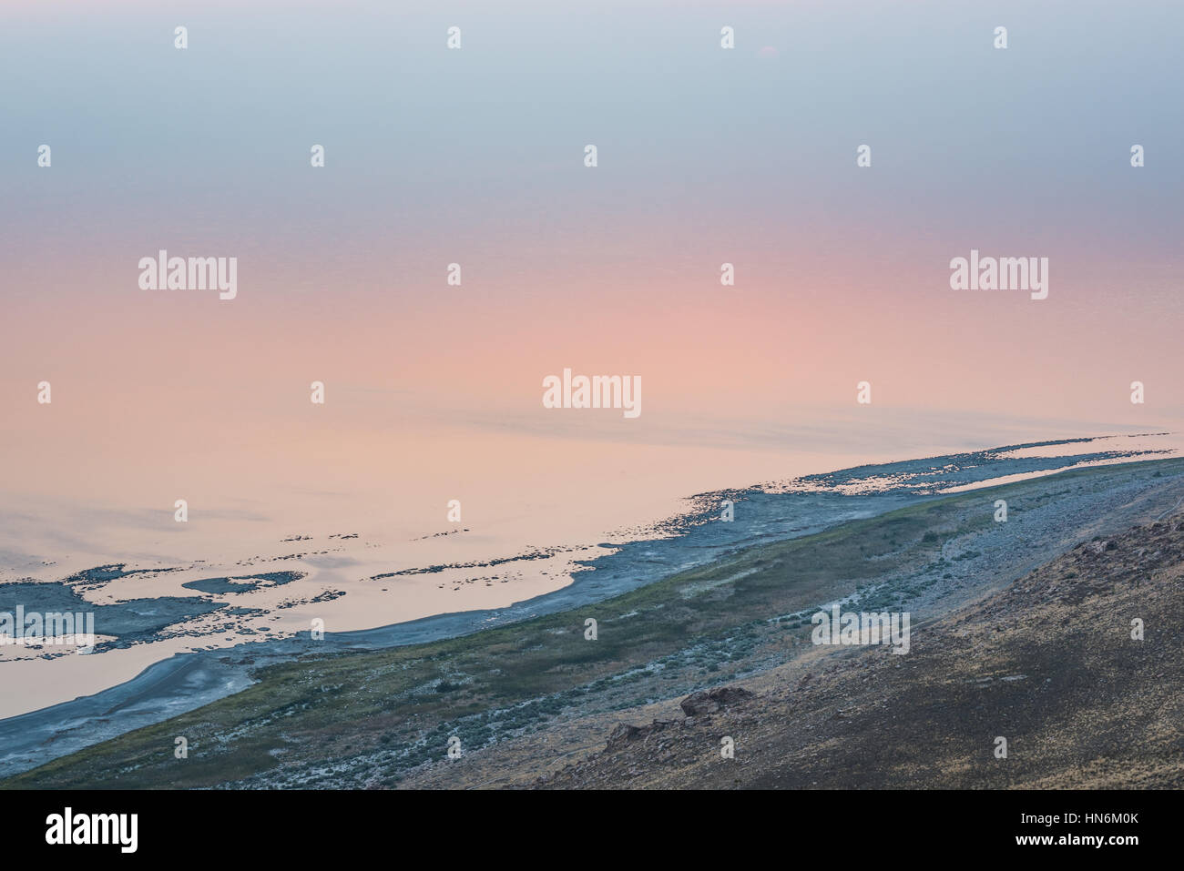 View of the Great Salt Lake in Utah from the top of Antelope Island during sunset Stock Photo