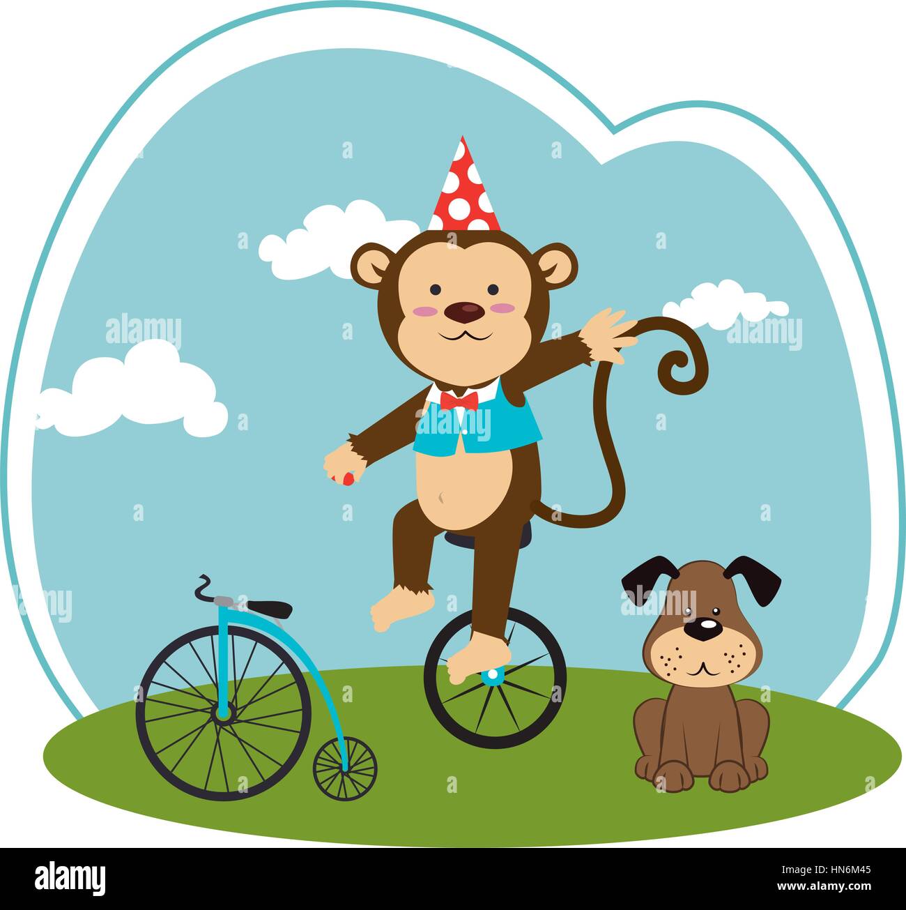 color landscape with dog and monkey in unicycle vector illustration