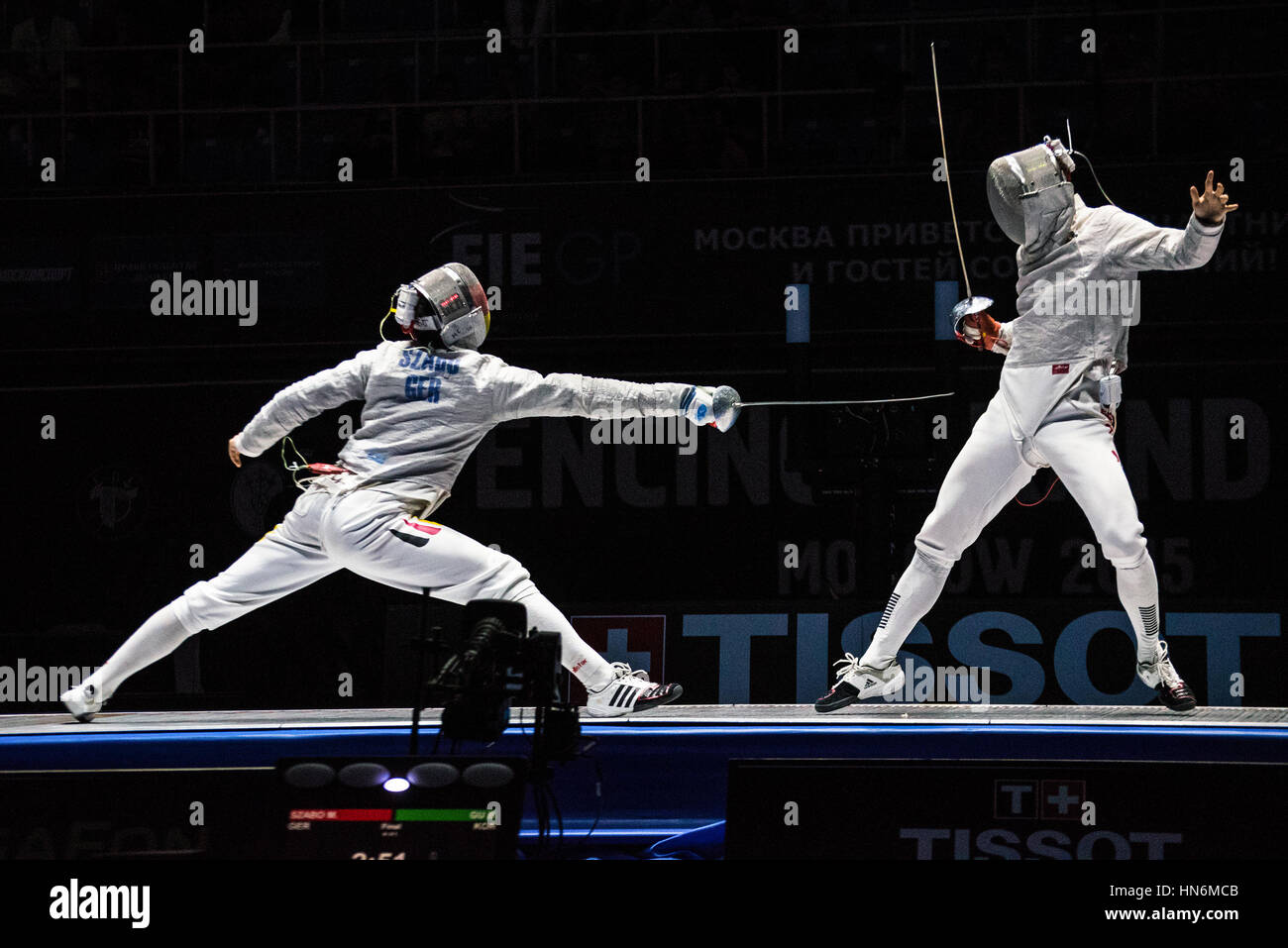 Moscow, Russia - May 30, 2015: Unidentified professional fencers in the finals of the men's individual event at the 2015 Moscow Sabre tournament. Stock Photo