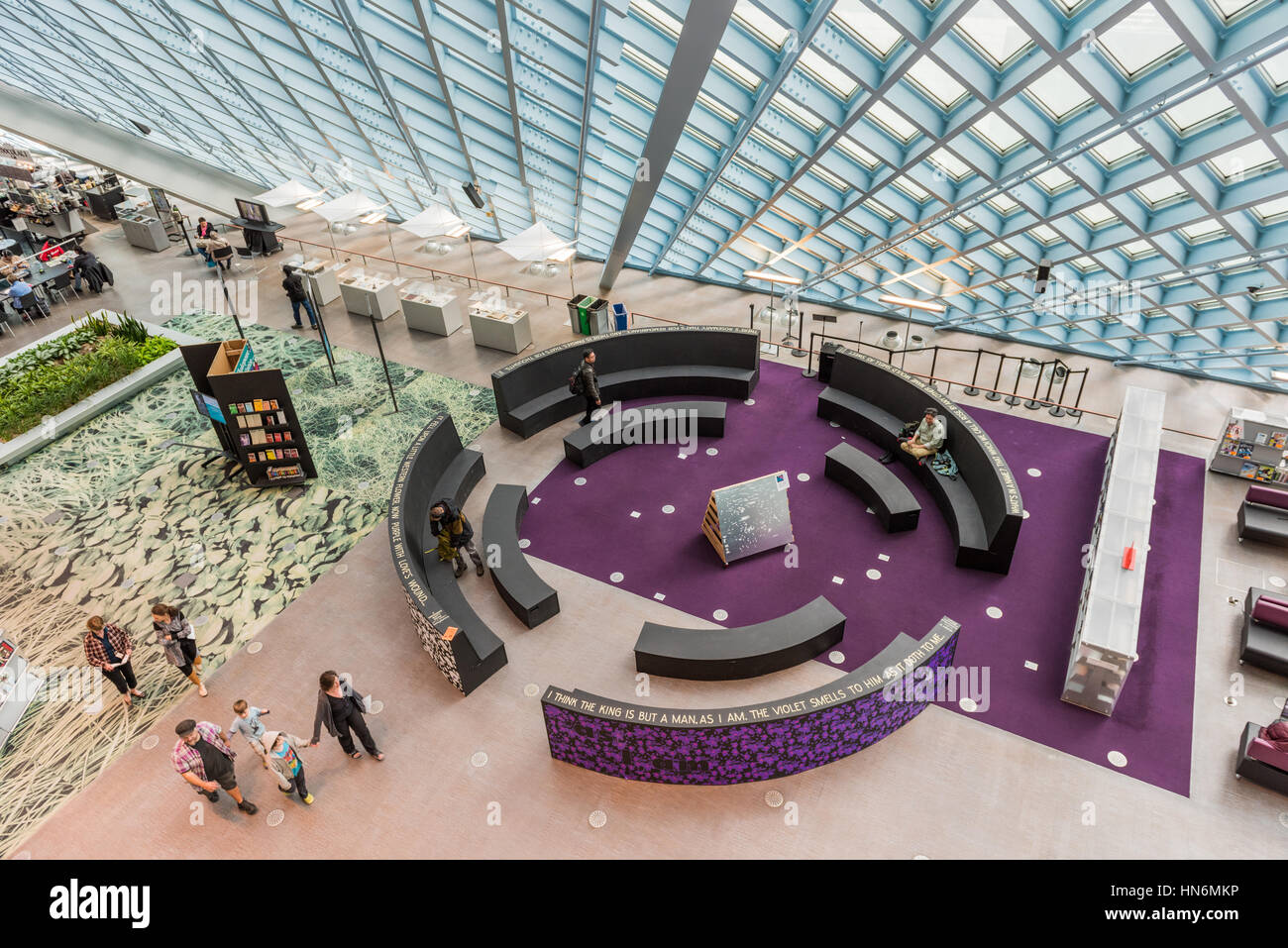 Seattle, USA - April 15, 2016: Aerial view of main floor of the public Central Library with modern glass architecture Stock Photo