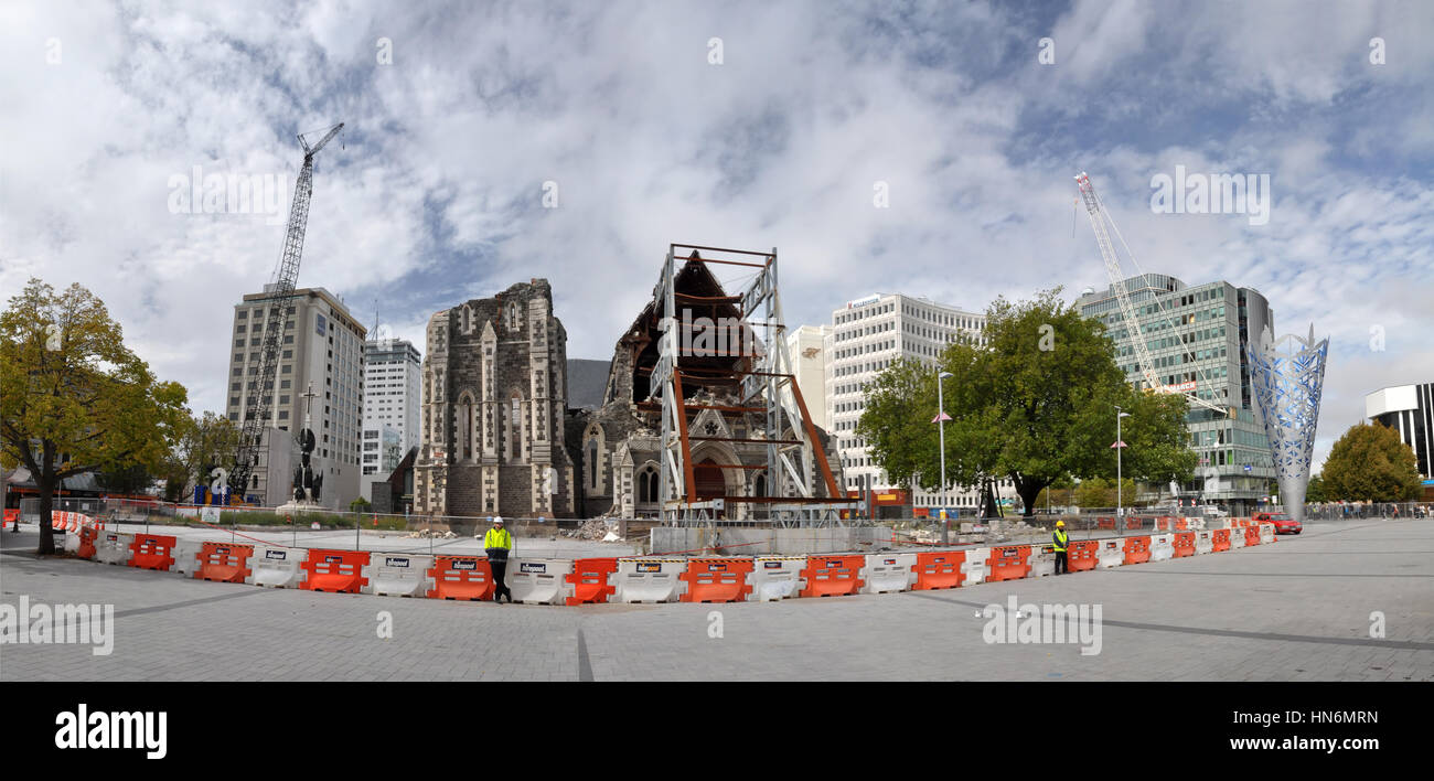 CHRISTCHURCH, NEW ZEALAND - March 10, 2012: Panoramic view of the ruins of the Anglican Cathedral on March 10, 2012 in Christchurch. In the background Stock Photo