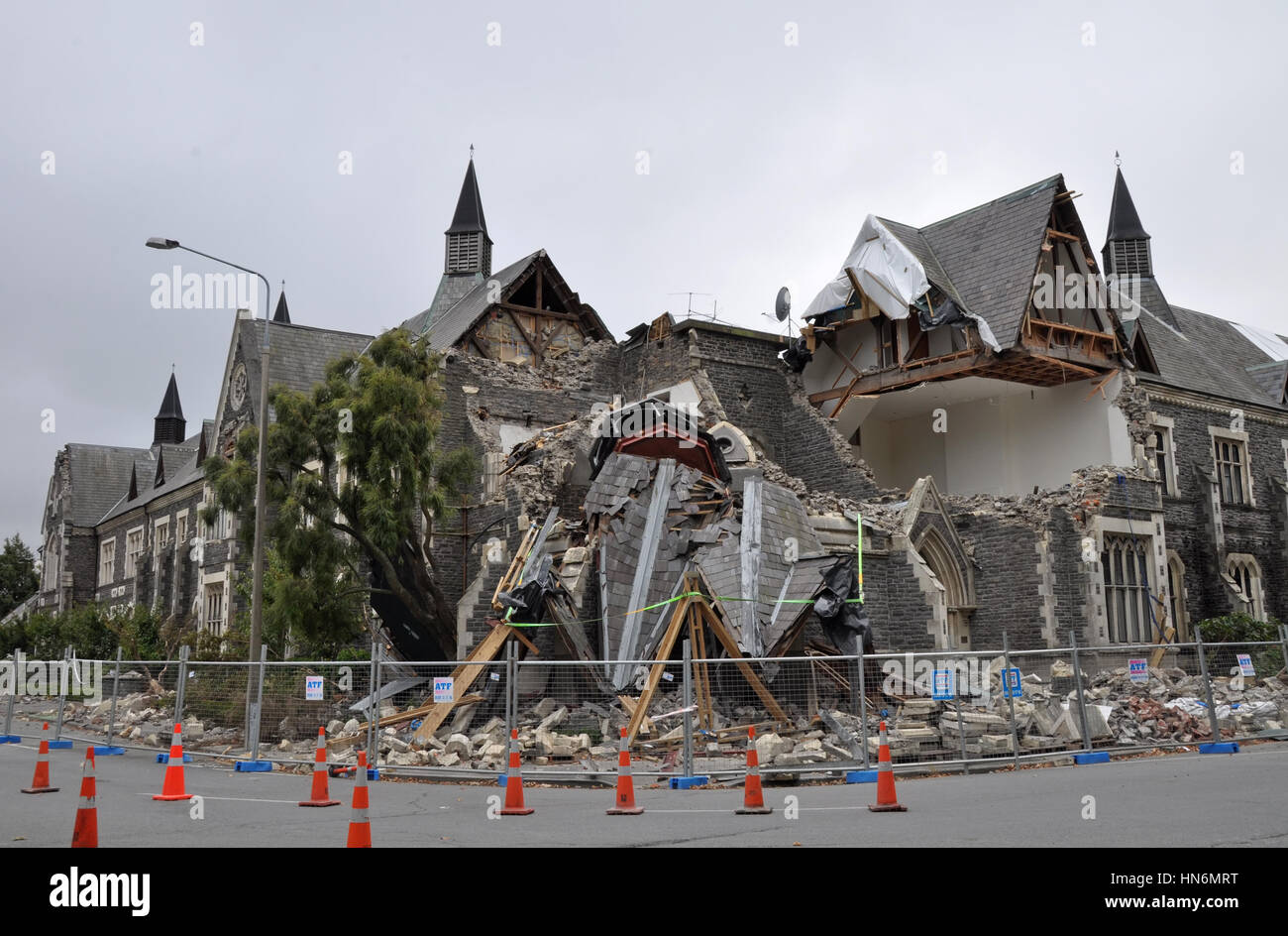 Christchurch, New Zealand - March 12, 2011: The old Normal School Building on the corner of Montreal and Kilmore streets collapses. The building was b Stock Photo