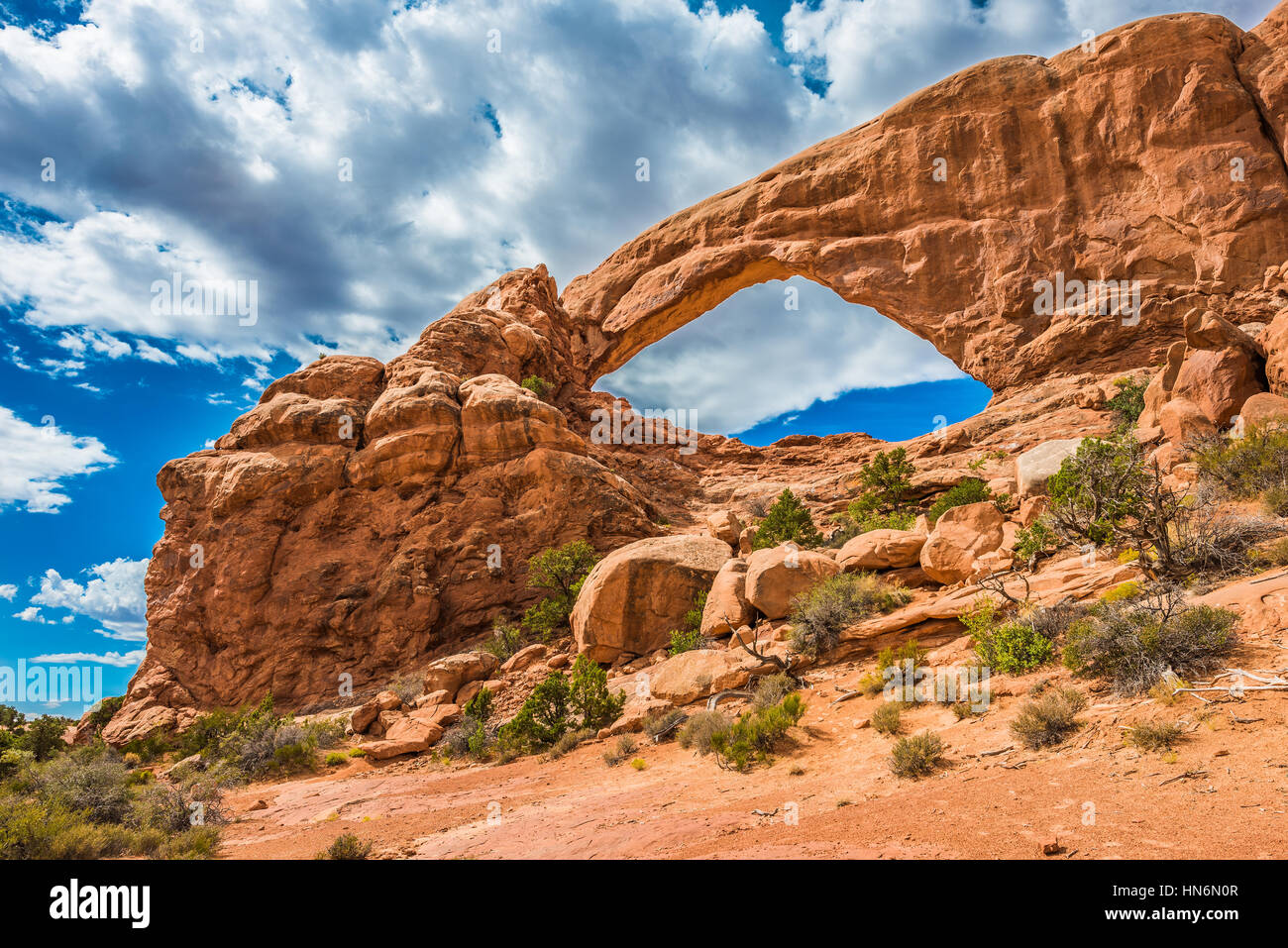 One window arch in national park with cloudy sky Stock Photo