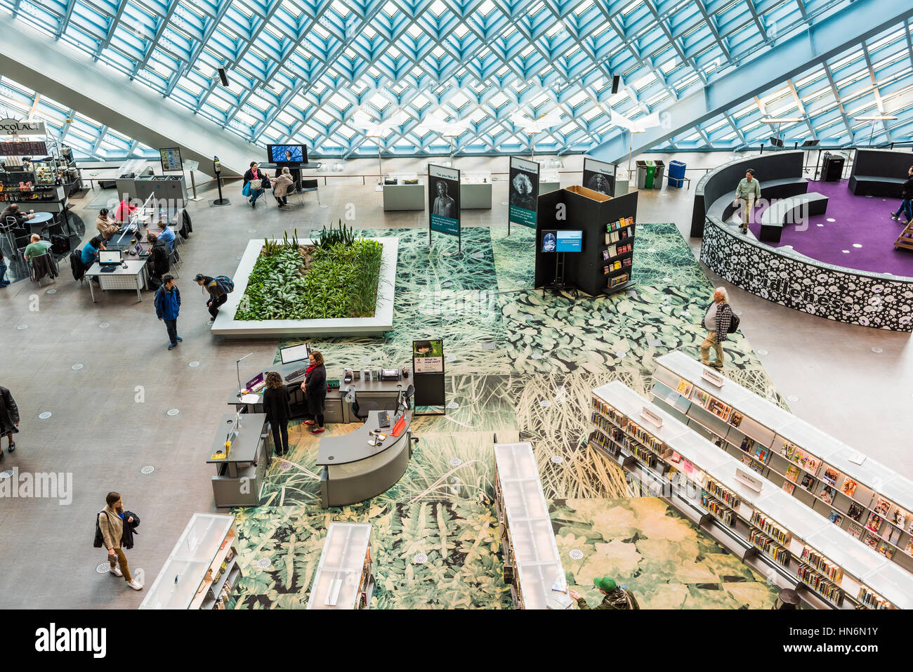 Seattle, USA - April 15, 2016: Aerial view of main floor of the public Central Library with modern glass architecture Stock Photo