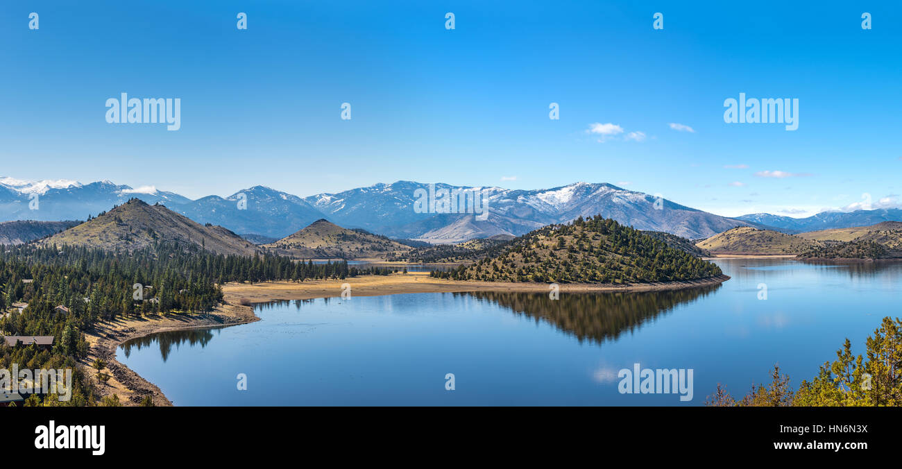 Panorama of valley reservoir lake Shastina by Mount Shasta in northern
