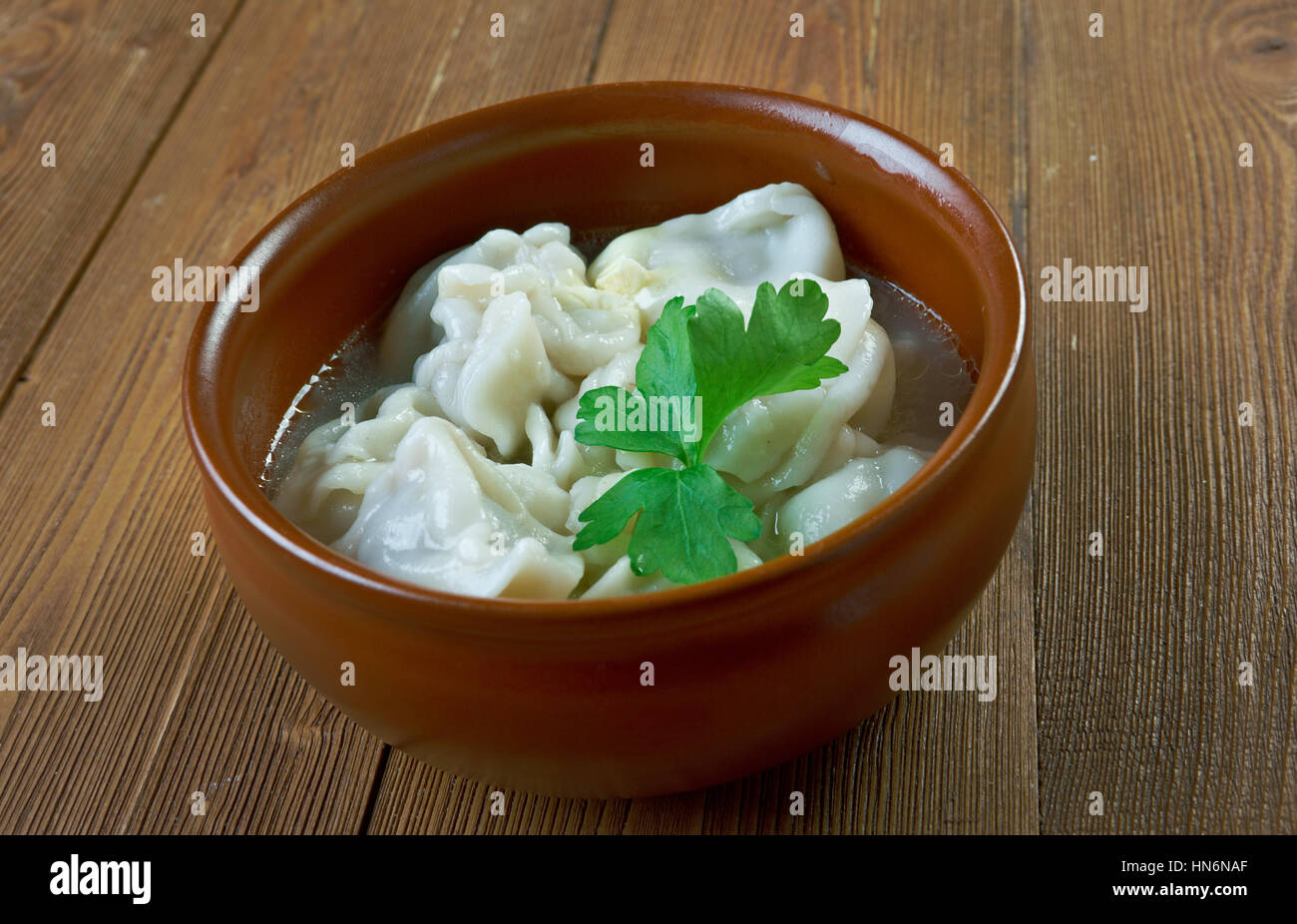 Kreplach  small Jewish dumplings filled with ground meat, mashed potatoes or another filling. Stock Photo