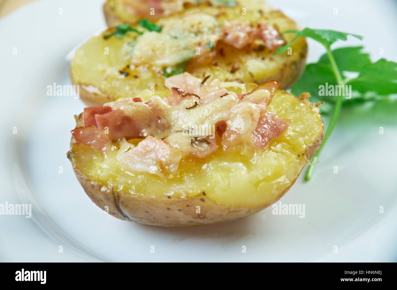 Trylle Kartofler Danish Style Baked Potatoes With Cheese And Bacon Stock Photo Alamy
