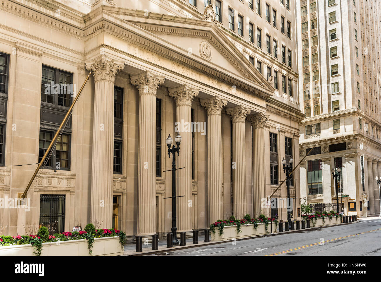 Chicago, USA - May 30, 2016: Federal Reserve Bank building on La Salle street with columns Stock Photo