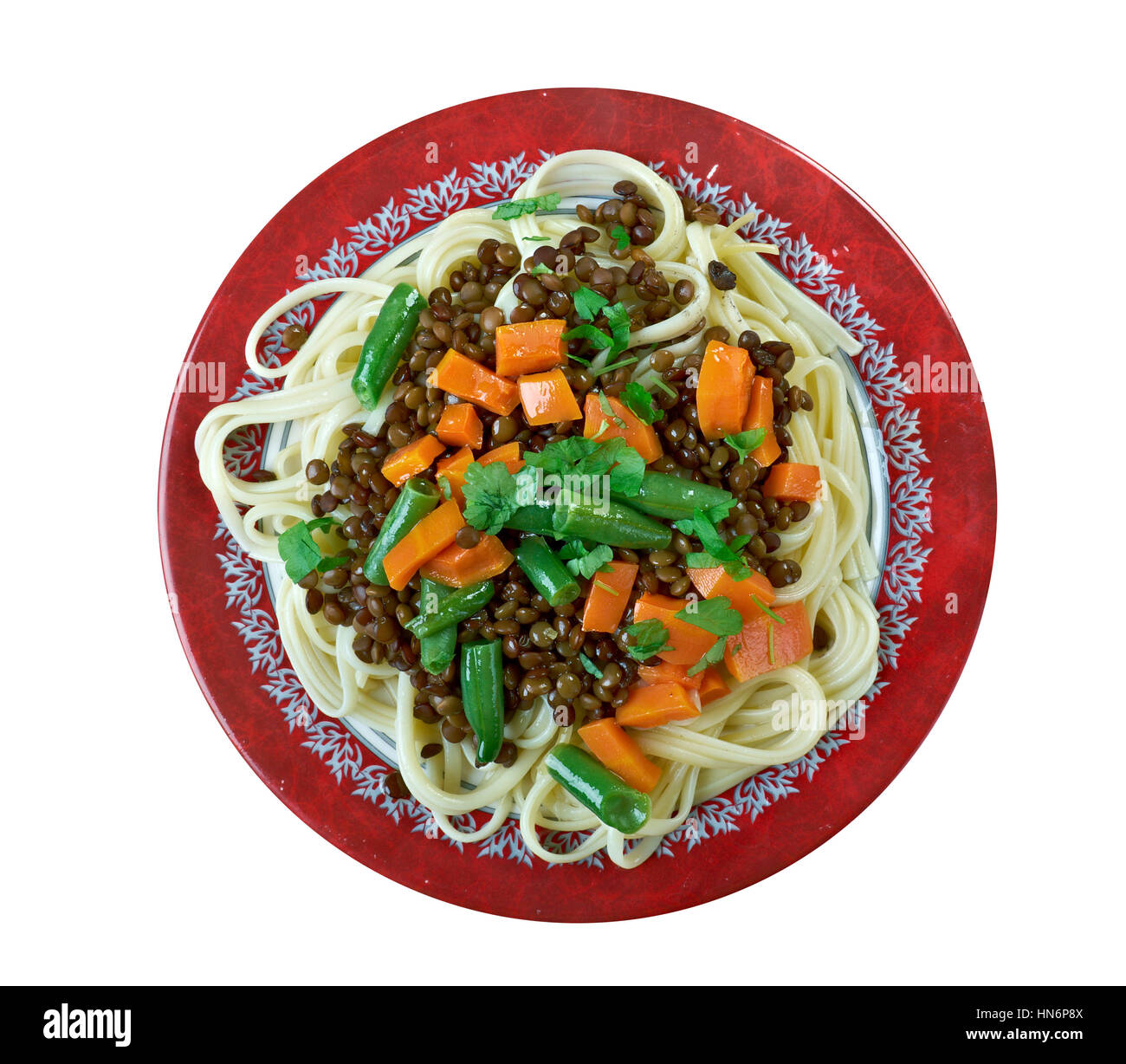 Puy lentil bolognese with homemade pasta . Stock Photo