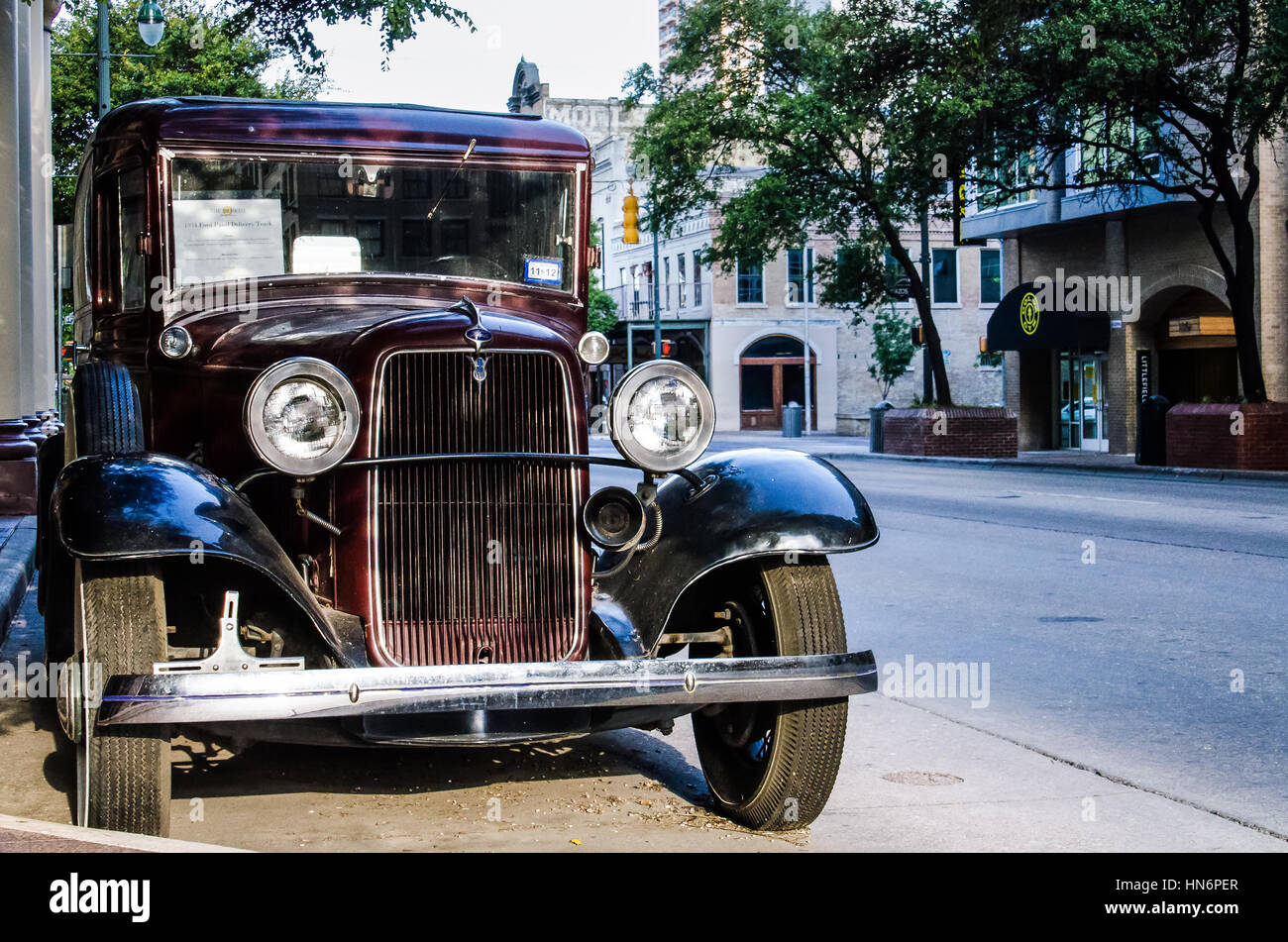 Austin, USA - July 19, 2015: Old 1934 Ford Panel Delivery Truck showcased outside the Driskill hotel in downtown Stock Photo