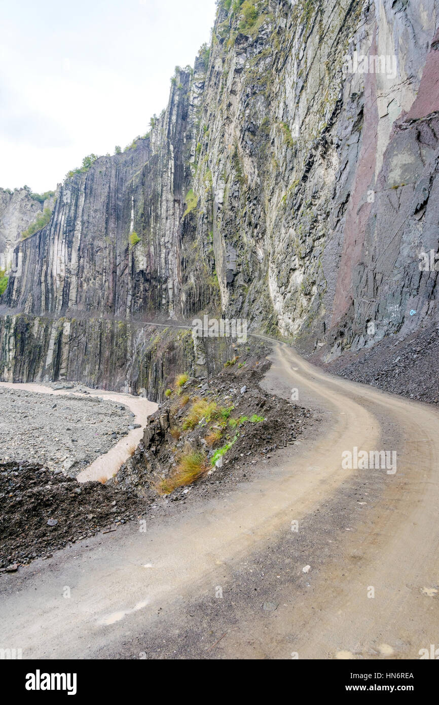 Dangerous and narrow road over the rocks to Lahich, Azerbaijan Stock Photo