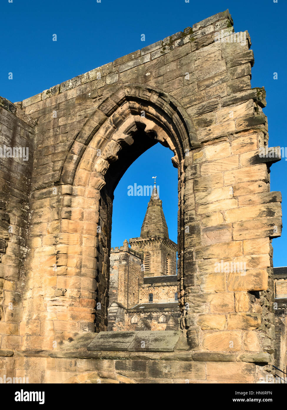 Spire of the Abbey Nave Viewed through the Refectory Ruins at Dunfermline Abbey and Palace Dunfermline Fife Scotland Stock Photo