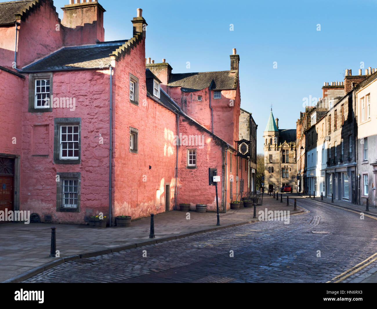 Looking along Maygate from the Abbot House towards City Chambers Dunfermline Fife Scotland Stock Photo