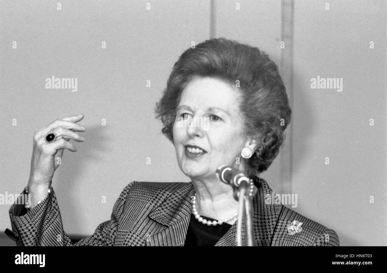 Rt. Hon. Margaret Thatcher, former British Prime Minister, speaks at a conference in London on July 1, 1991. She was Prime Minister from 1979-1990. Stock Photo