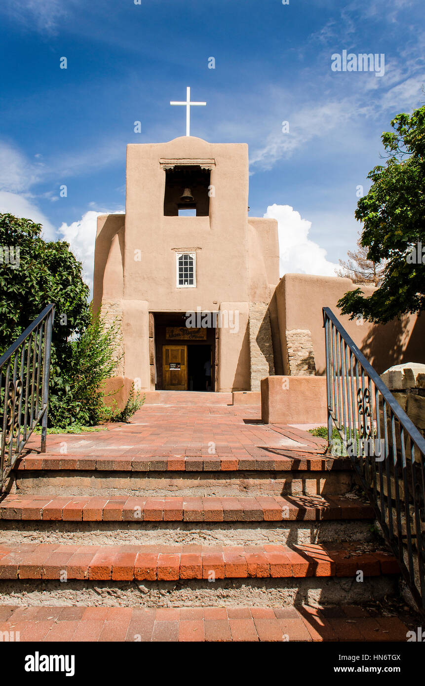 Santa Fe, USA - July 30, 2015: San Miguel Mission chapel church, the oldest in the United States, decorated in adobe pueblan style Stock Photo