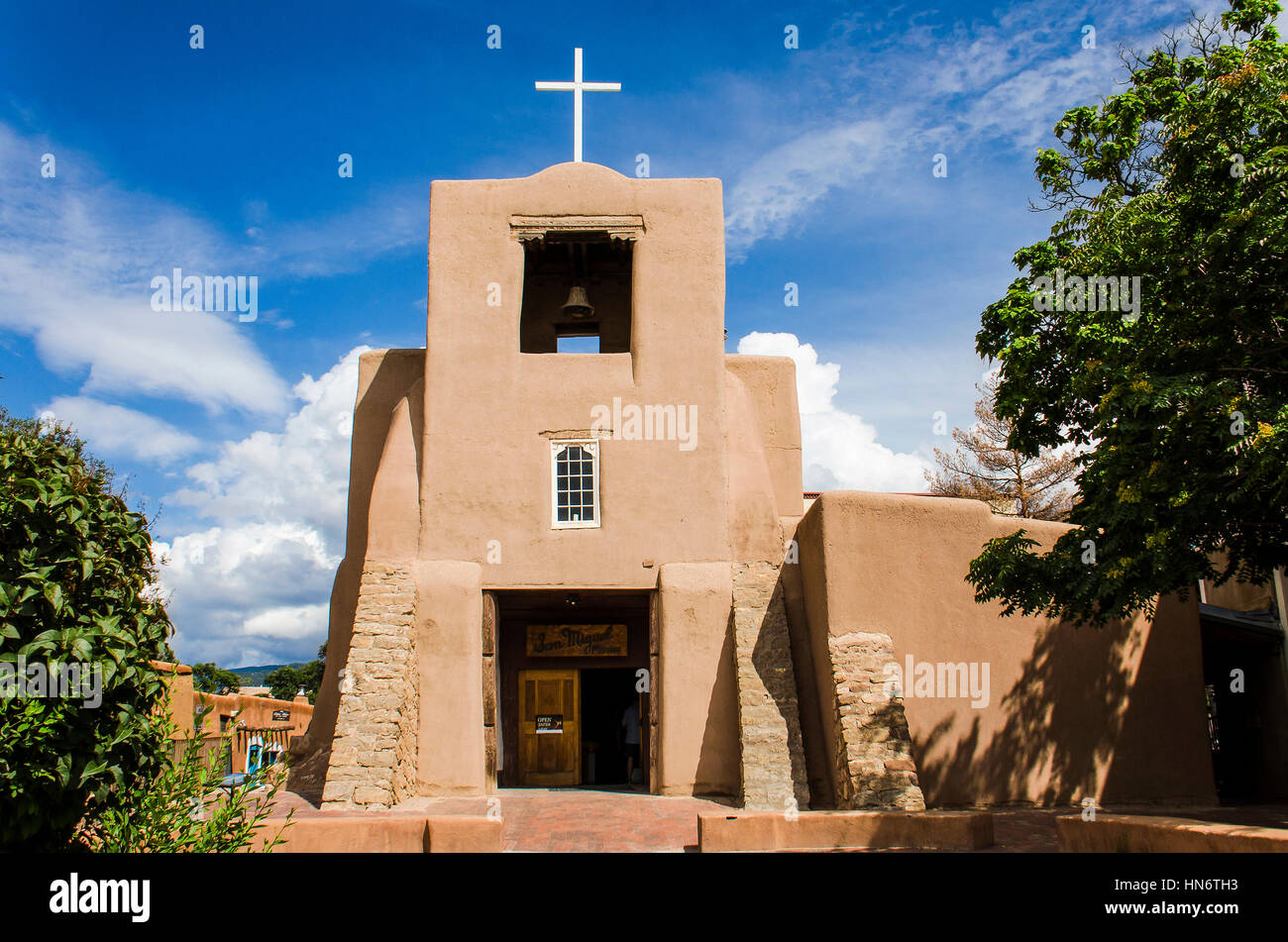 Santa Fe, USA - July 30, 2015: San Miguel Mission chapel church, the oldest in the United States, decorated in adobe pueblan style Stock Photo