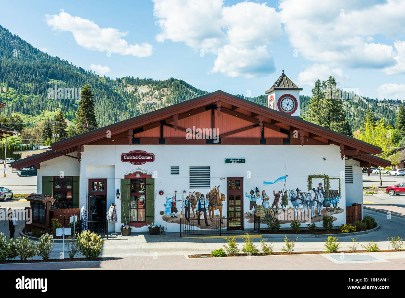 Leavenworth, USA - April 30, 2016: Bavarian Village shop in Washington state called Twisted Couture and Starbucks Stock Photo