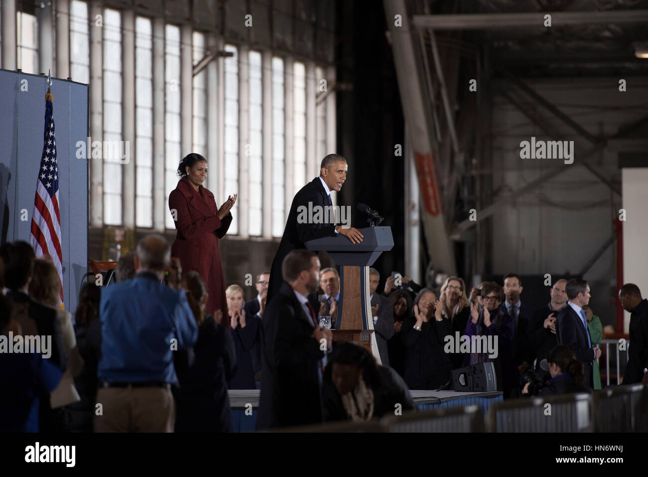 Former U.S. President Barack Obama gives his farewell speech on stage with former First Lady Michelle Obama at Joint Base Andrews January 20, 2017 in Maryland.     (photo by Delano Scott/US Air Force via Planetpix) Stock Photo