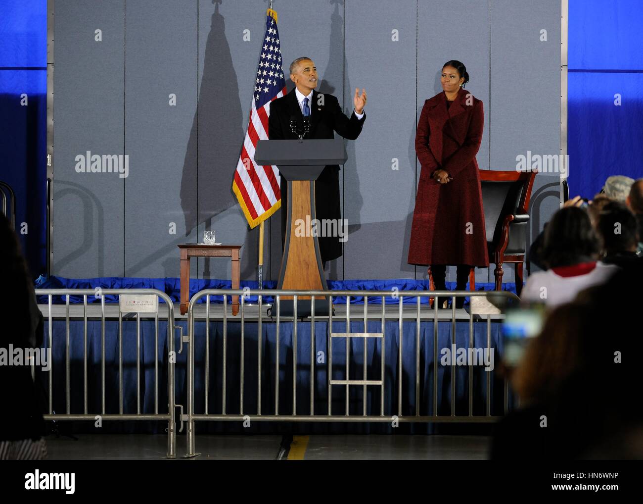 Former U.S. President Barack Obama gives his farewell speech on stage with former First Lady Michelle Obama at Joint Base Andrews January 20, 2017 in Maryland.     (photo by Stephanie Morris /US Air Force via Planetpix) Stock Photo