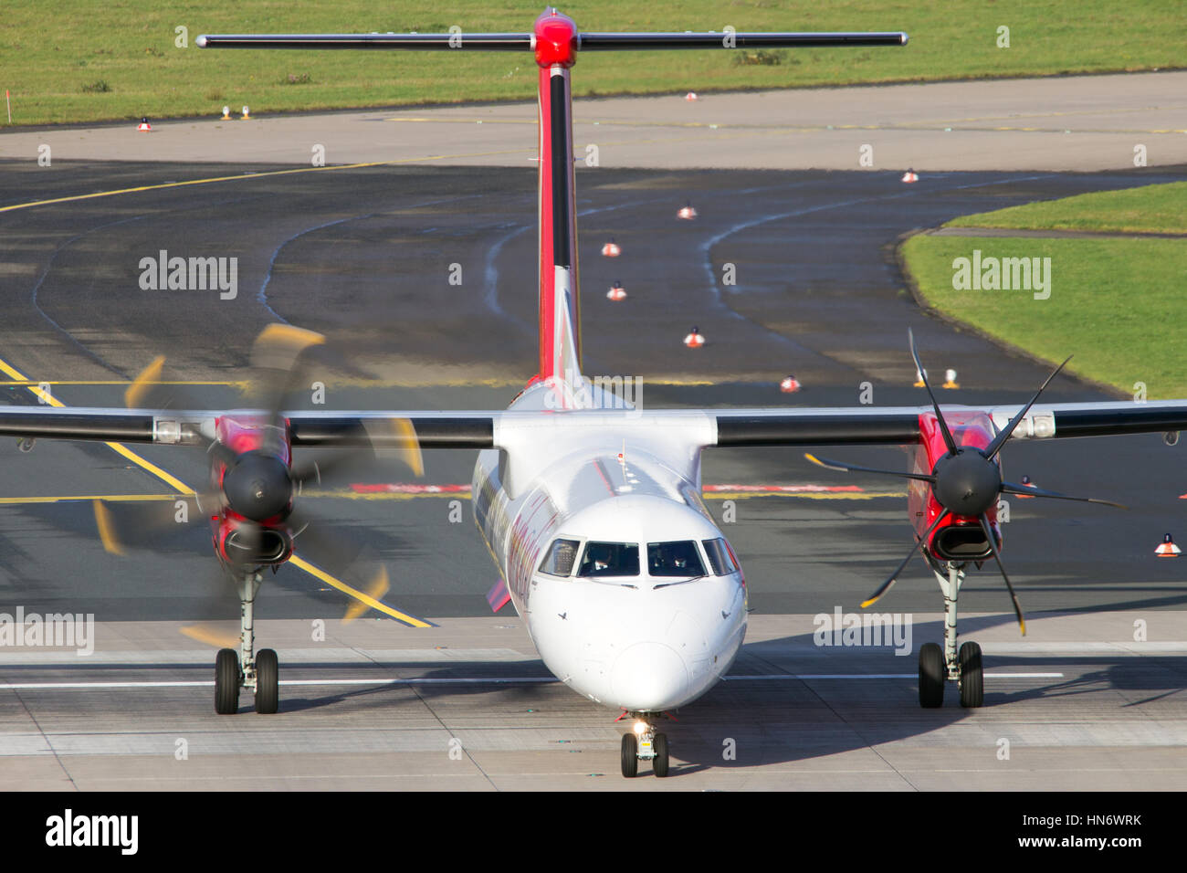 DUSSELDORF, GERMANY - DEC 21, 2015: Air Berlin De Havilland Canada DHC-8-402Q Dash 8 taxiing after landing at Dusseldorf Airport. Stock Photo